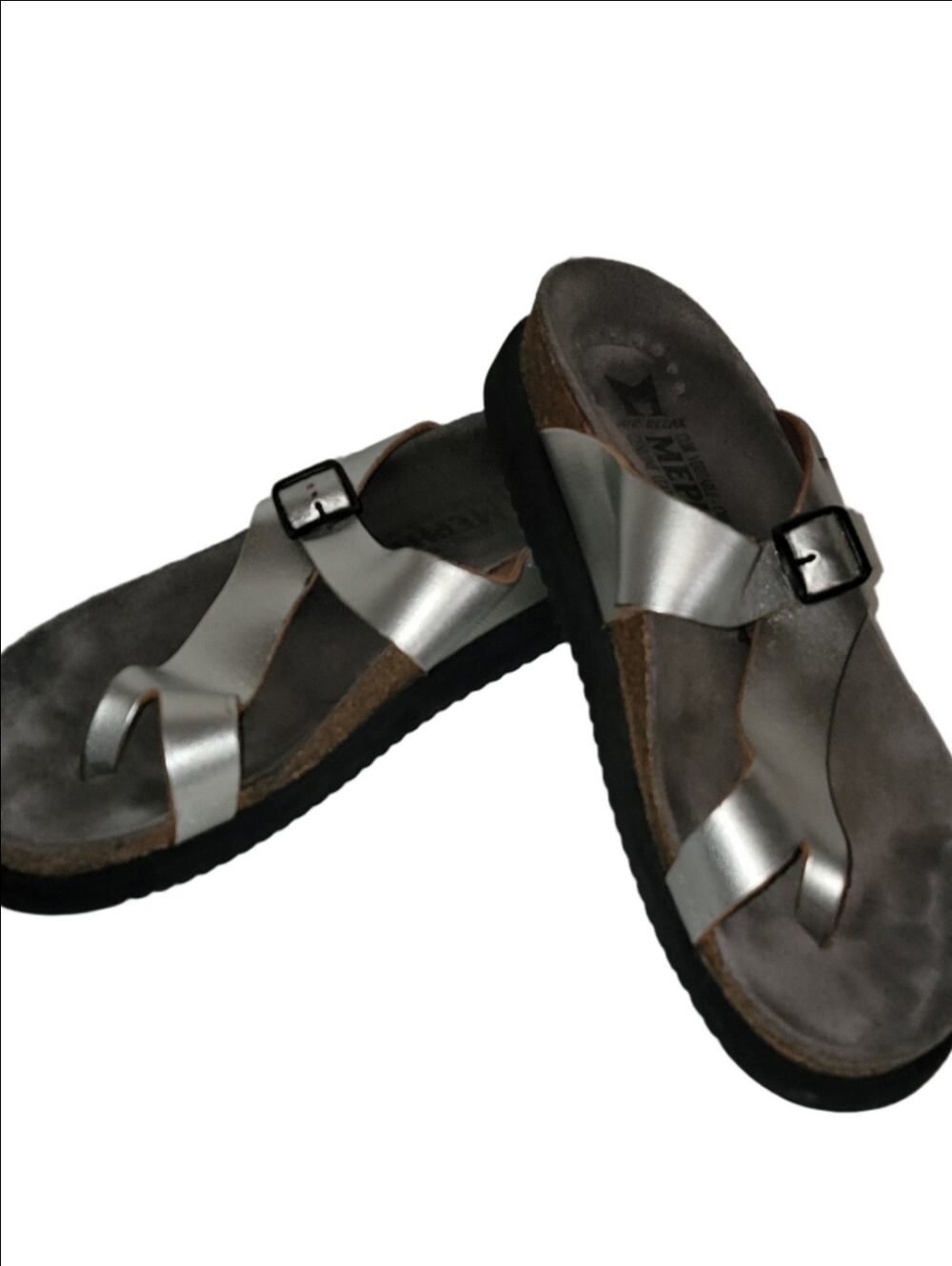 Women’s MEPHISTO "HELEN" Metallic Silver Buckle Toe-Loop Cork Sandals Size 41/11